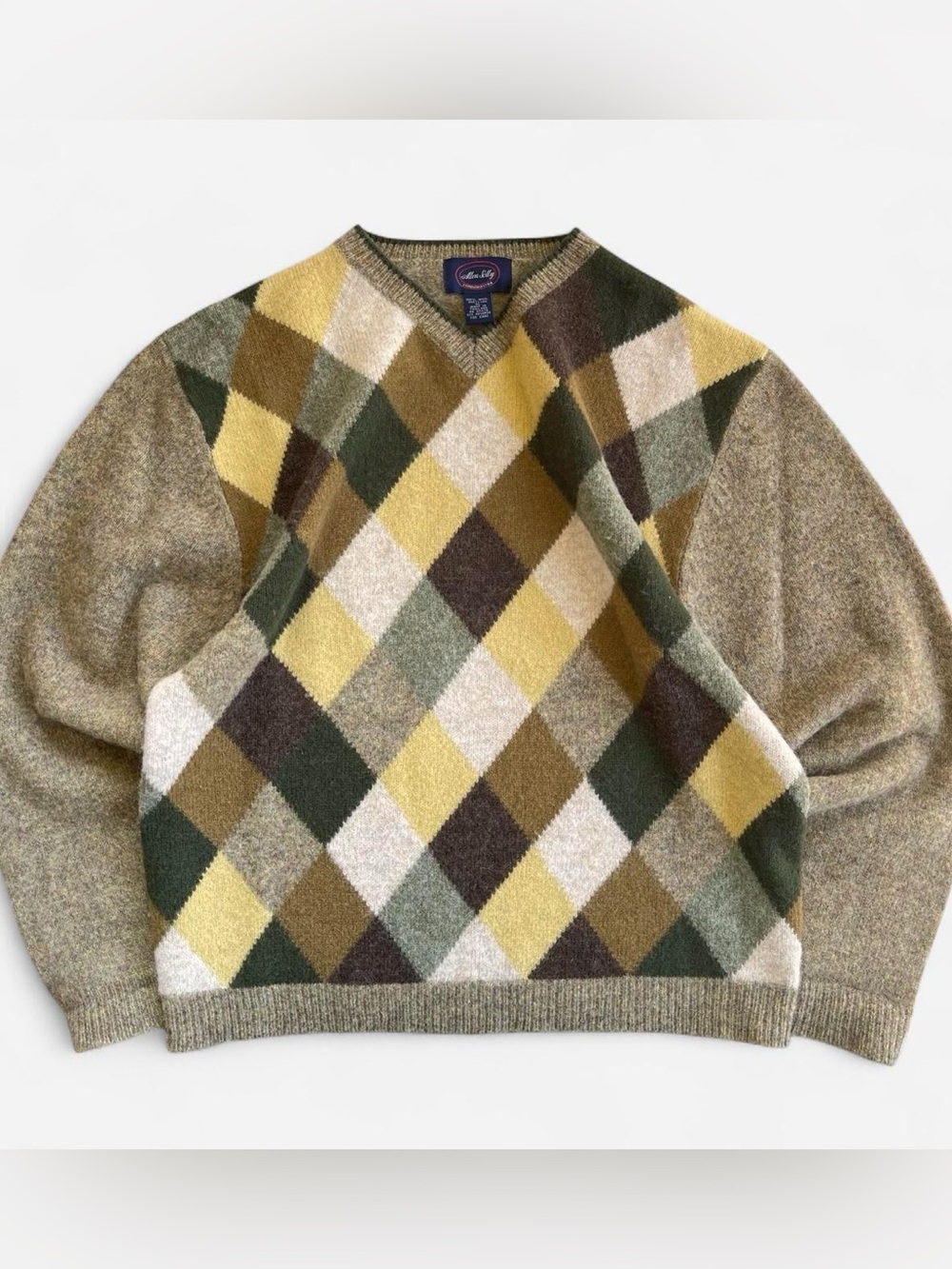 Vintage Allen Solly Wool Argyle Sweater Green Yellow Tan Brown Preppy Golf XL
